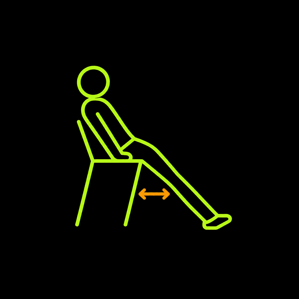 A seated figure demonstrating a desk movement, with a horizontal movement arrow